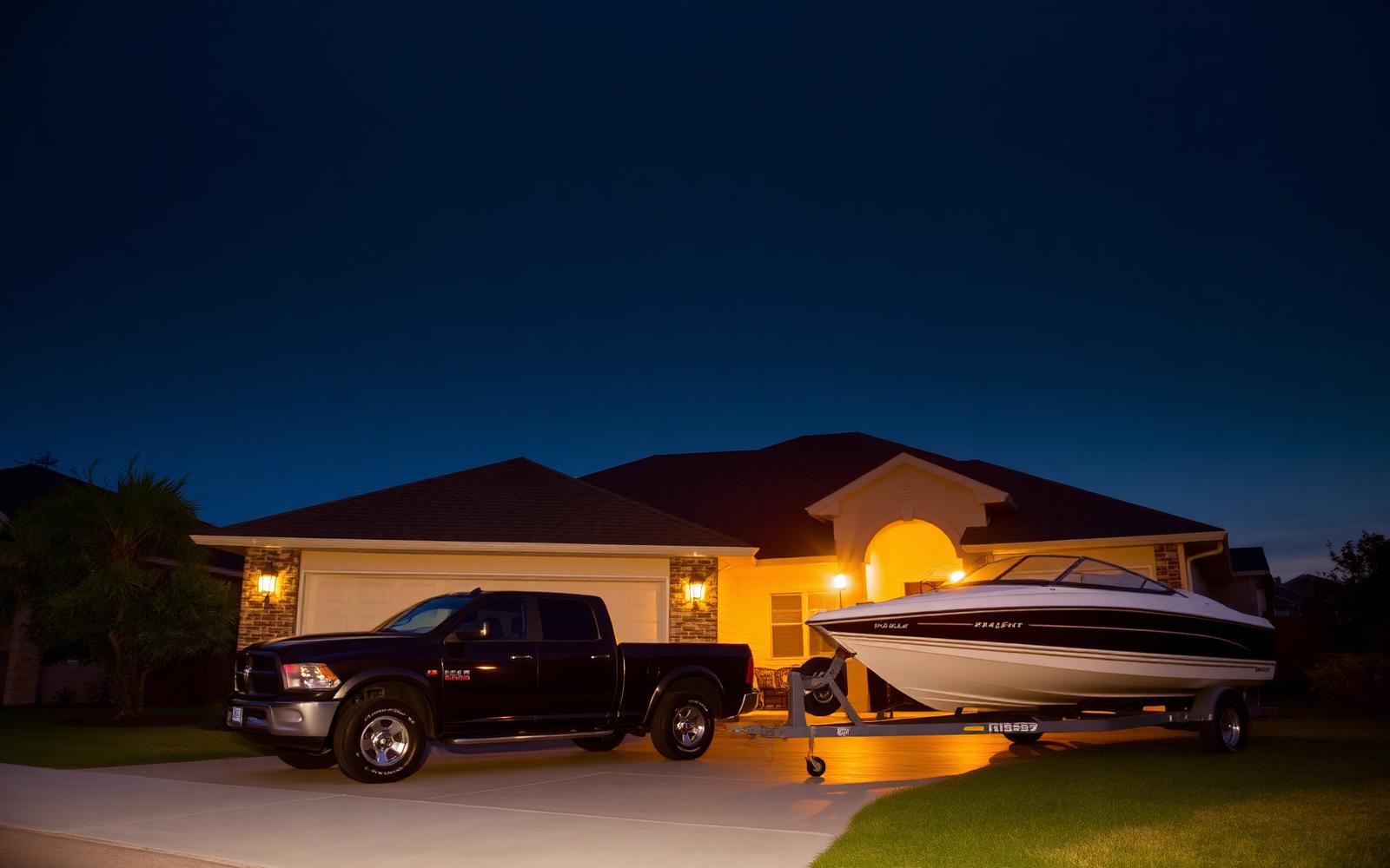 Texas home with a truck and boat parked in the driveway at dusk